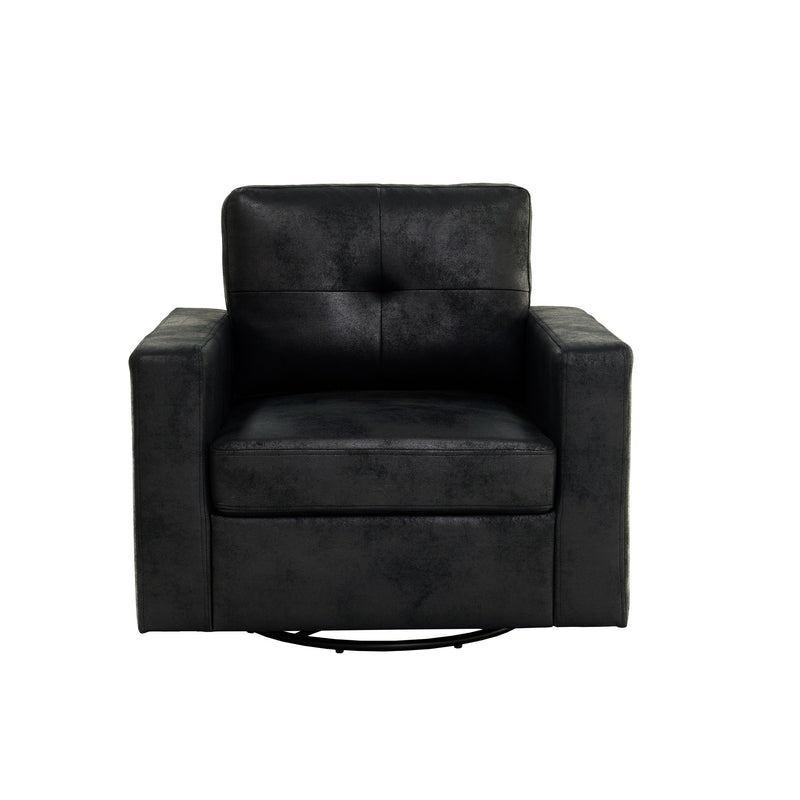 Black upholstered single sofa chair with high back and padded armrests