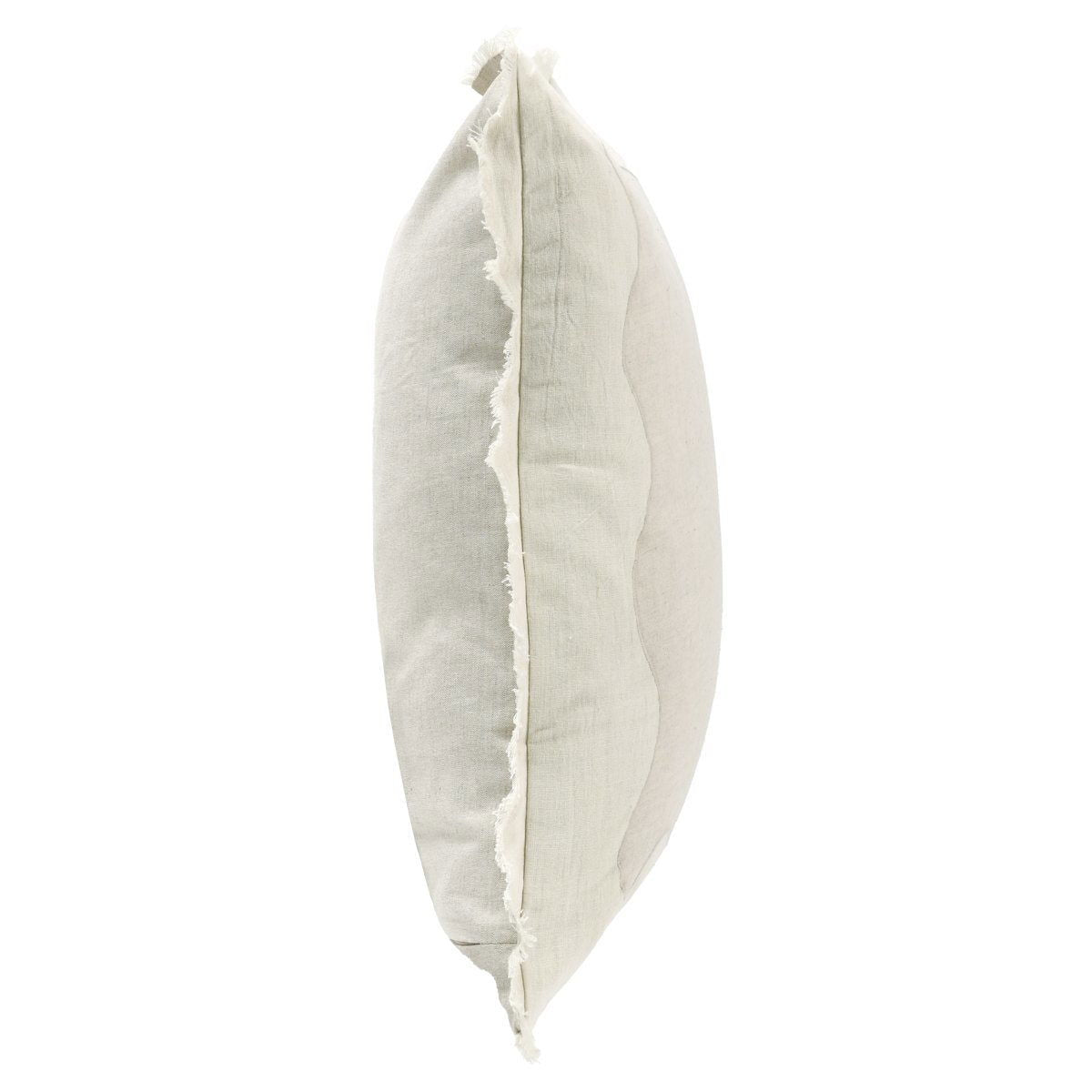Tollo beige linen pillow side view with stitched seam and scalloped trim