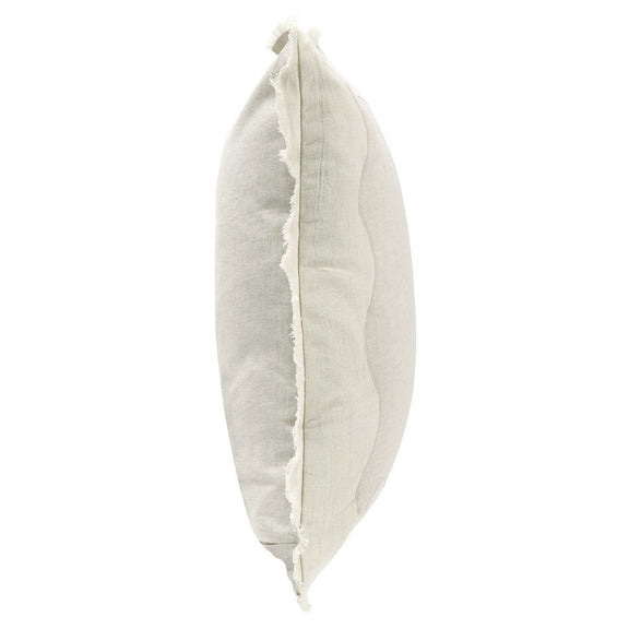 Tollo beige linen pillow side view with stitched seam and scalloped trim
