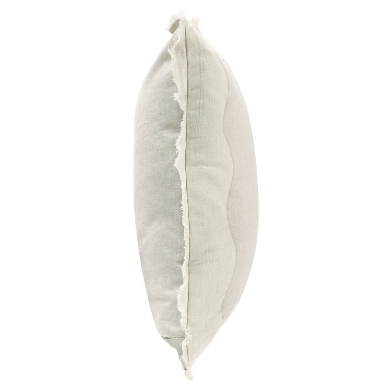 Tollo beige linen pillow side view with stitched seam and scalloped trim