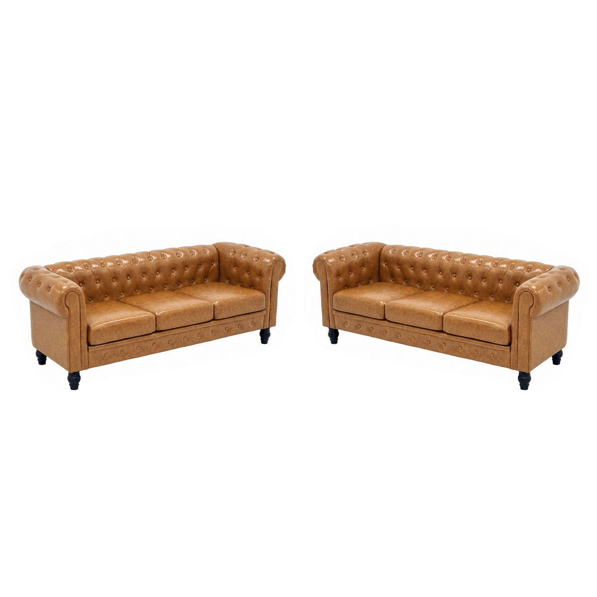 Light brown two-piece sofa set with button-tufted backs and rolled arms