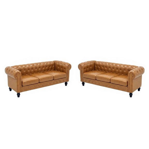 Light brown two-piece sofa set with button-tufted backs and rolled arms