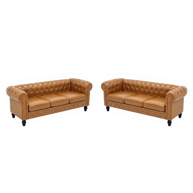 Light brown two-piece sofa set with button-tufted backs and rolled arms