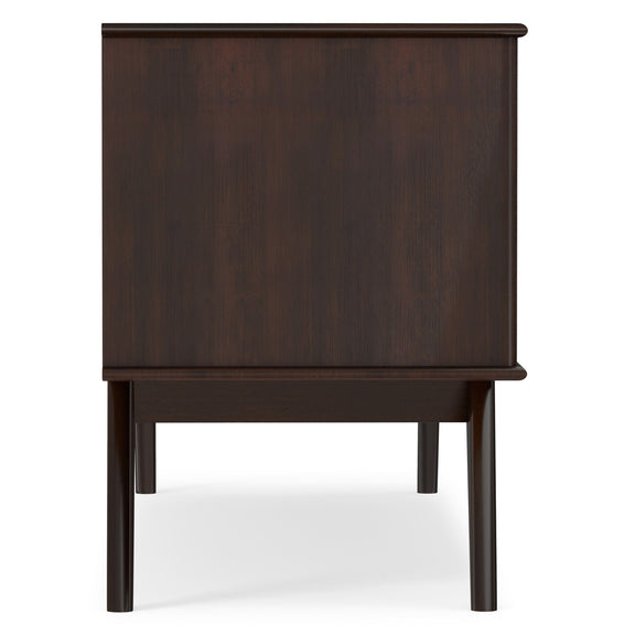 Dark brown low TV media stand with open lower shelf and tapered legs