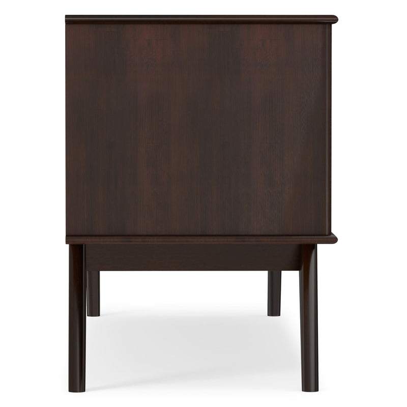 Dark brown low TV media stand with open lower shelf and tapered legs