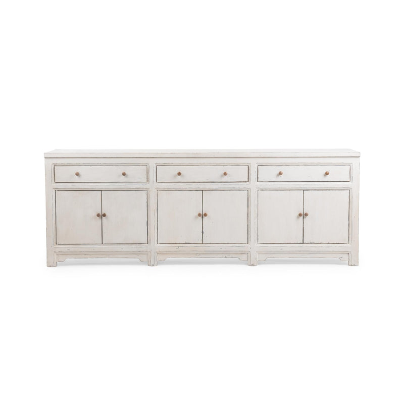 Coastal cream 3-drawer, 6-door sideboard cabinet with metal knobs and distressed finish