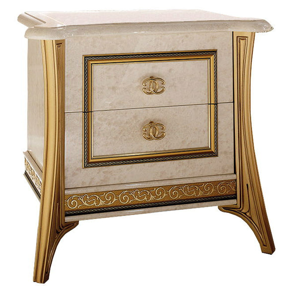 Beige nightstand with gold legs, framed drawer panel and decorative front skirt