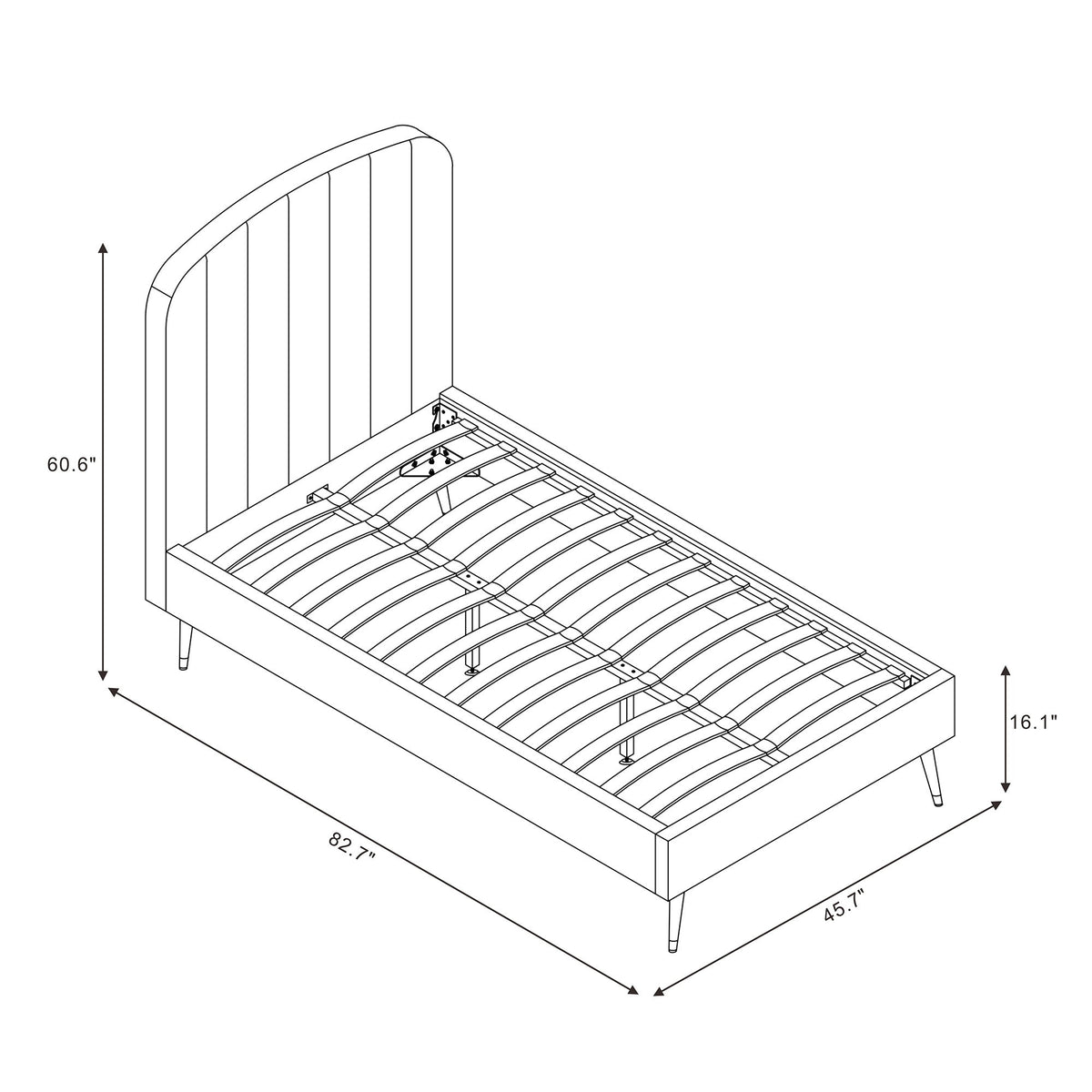 Arched channel upholstered bed frame with slatted support, side view