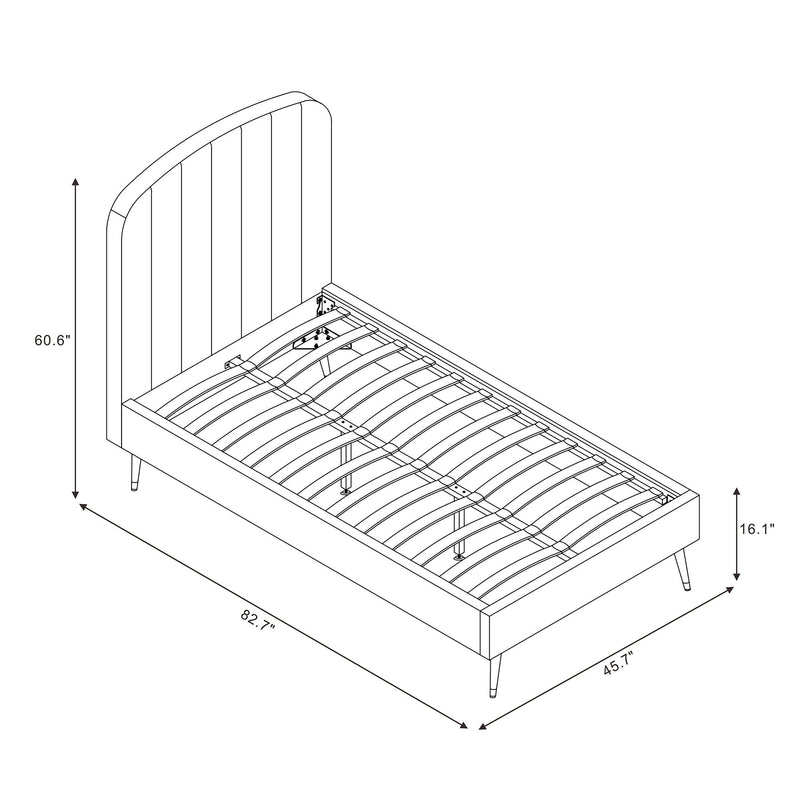Arched channel upholstered bed frame with slatted support, side view