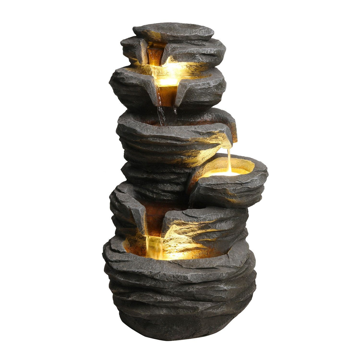 Gray stone-look outdoor waterfall fountain with tiered basins and warm LED lights