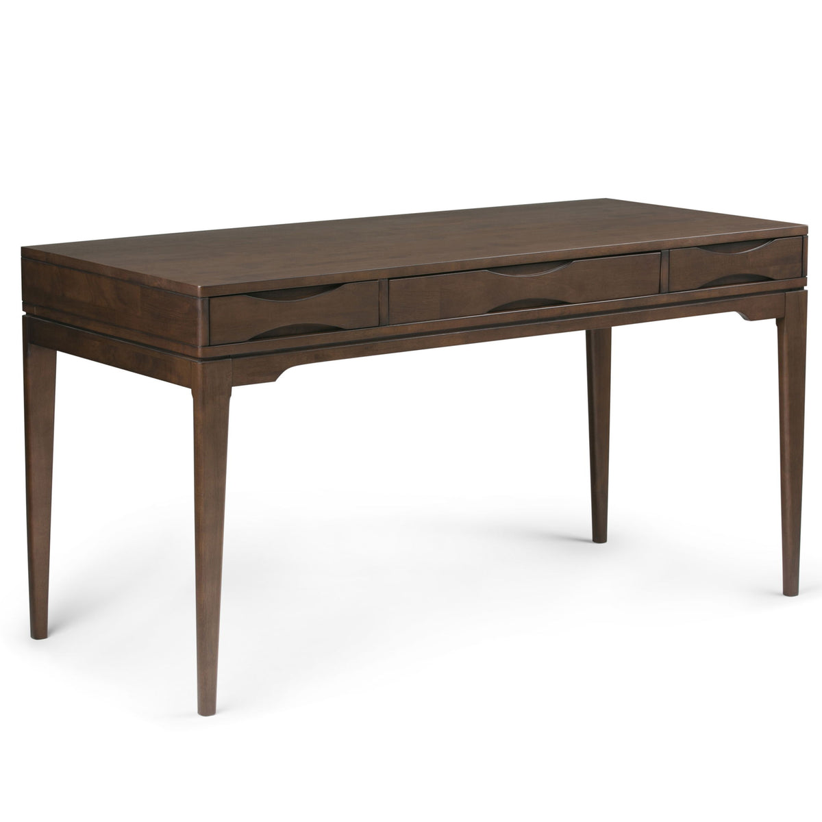 Handcrafted dark brown wooden desk with two drawers and tapered legs