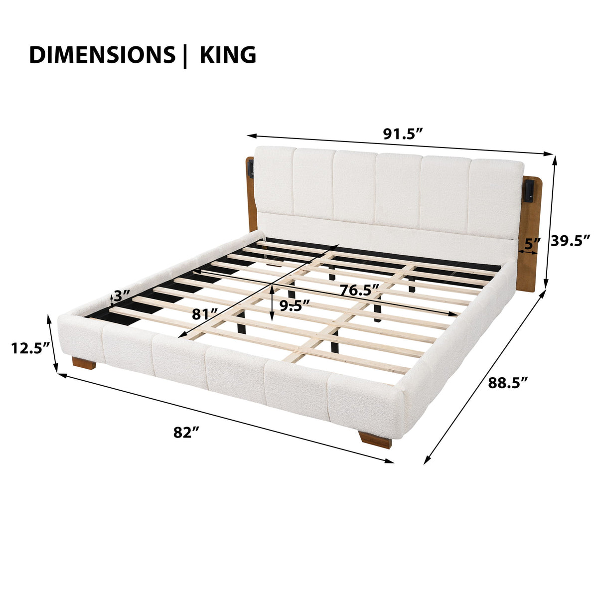 White upholstered king platform bed with slats, side reading lights, and tall headboard