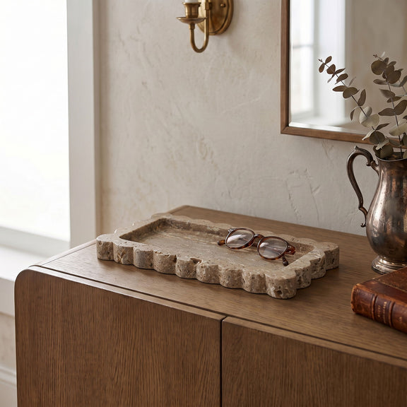 Light brown genuine marble tray with scalloped rim and rectangular center well.