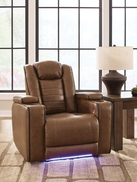 Amber recliner with adjustable headrest, padded seat and arms, blue LED base glow
