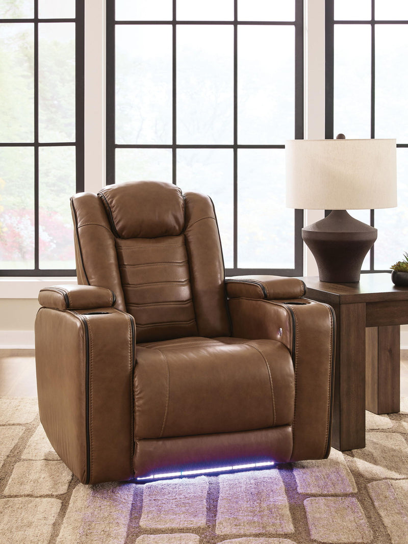 Amber recliner with adjustable headrest, padded seat and arms, blue LED base glow