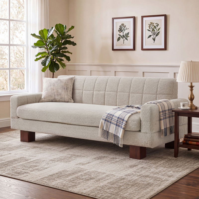 Two-seater loveseat sofa with beige fabric, tufted back and square arms