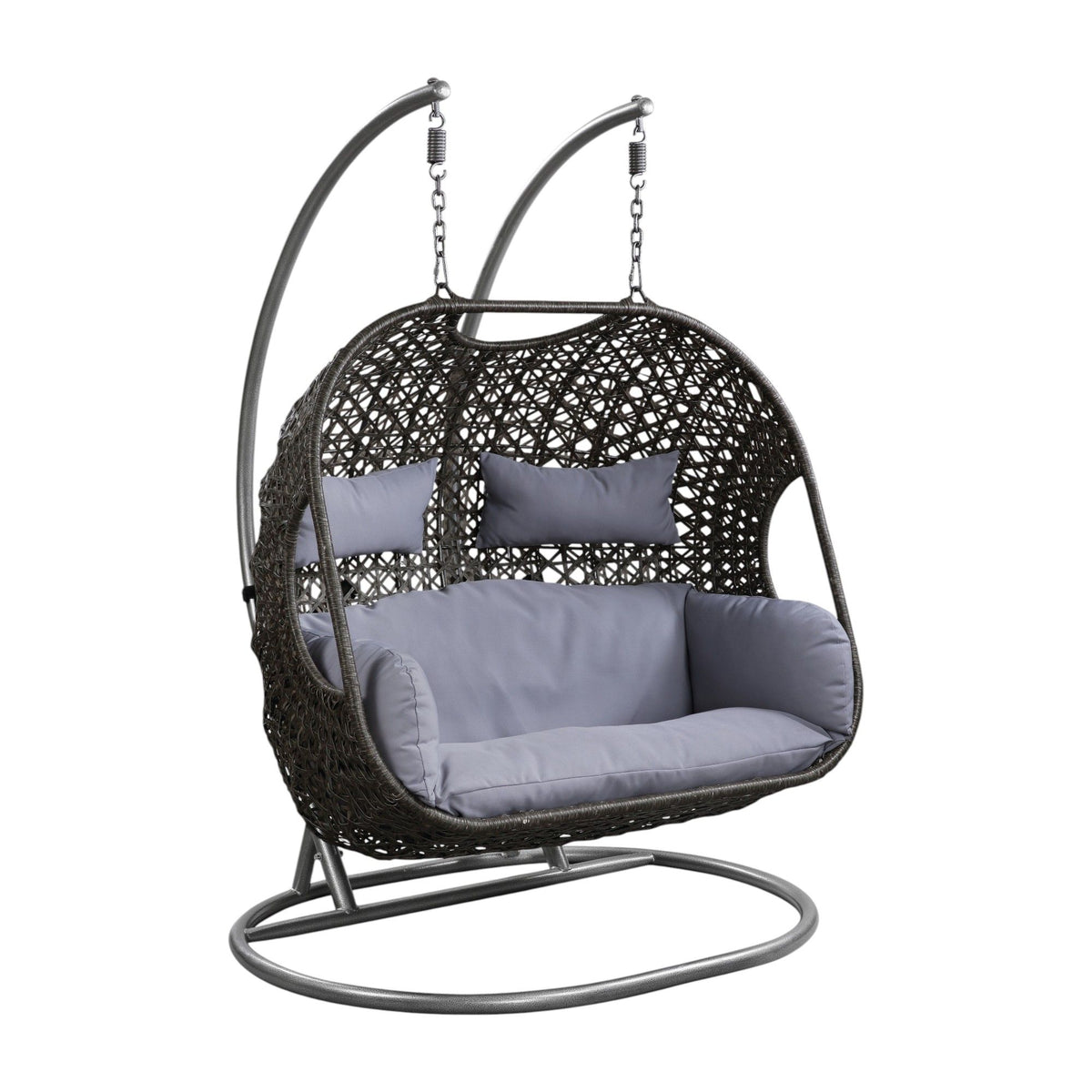 Gray hanging wicker chair with curved stand and light gray seat cushions