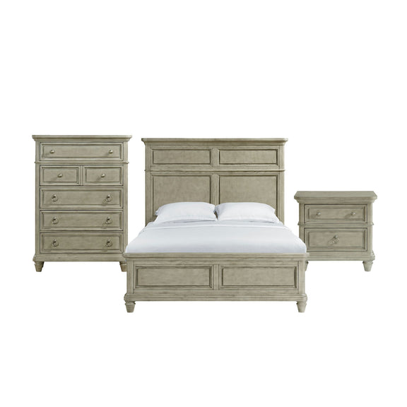 Whit-Ash panel bedroom set: light gray bed with two nightstands and paneled headboard
