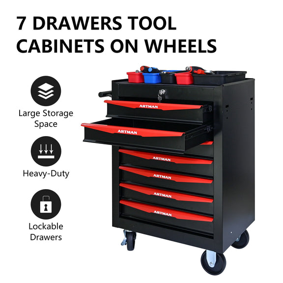 Rolling steel tool cabinet with 7 drawers, red drawer fronts, lockable drawers, 4 caster wheels