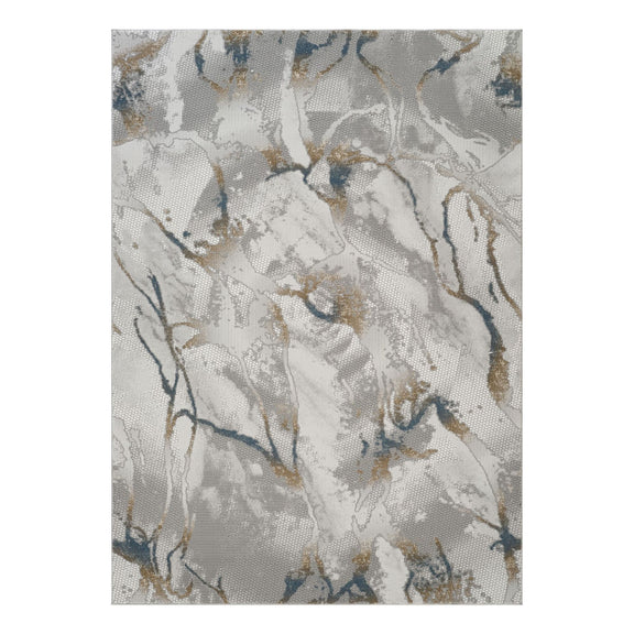 Gray area rug with marbled blue and tan 3D texture, rectangular design