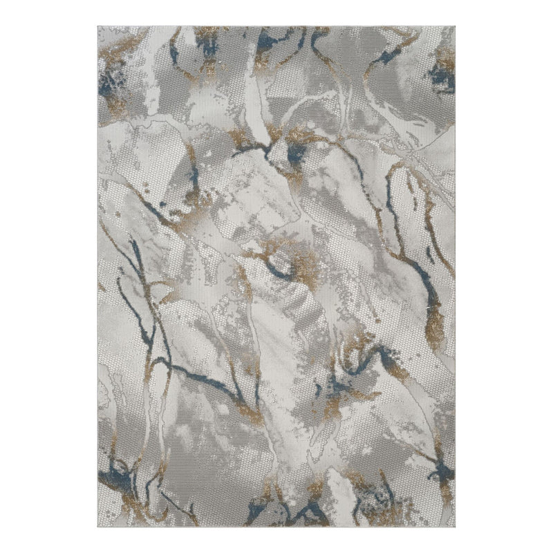 Gray area rug with marbled blue and tan 3D texture, rectangular design