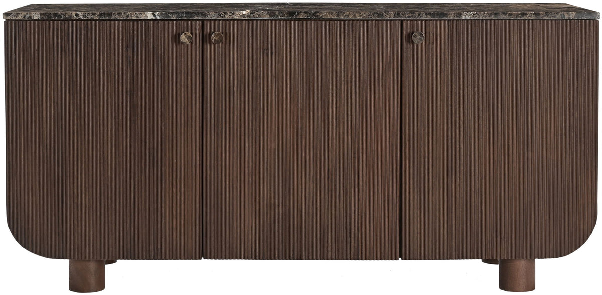 Dark brown sideboard with three doors, round knobs, and vertical ribbed panels