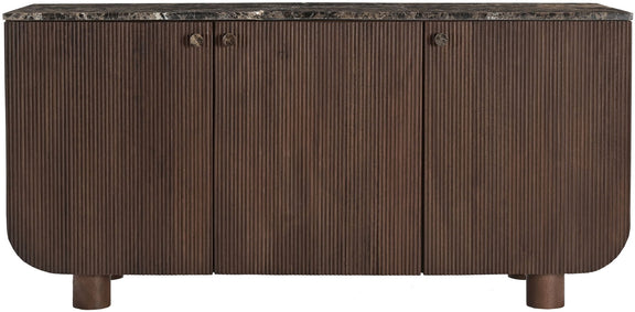Dark brown sideboard with three doors, round knobs, and vertical ribbed panels