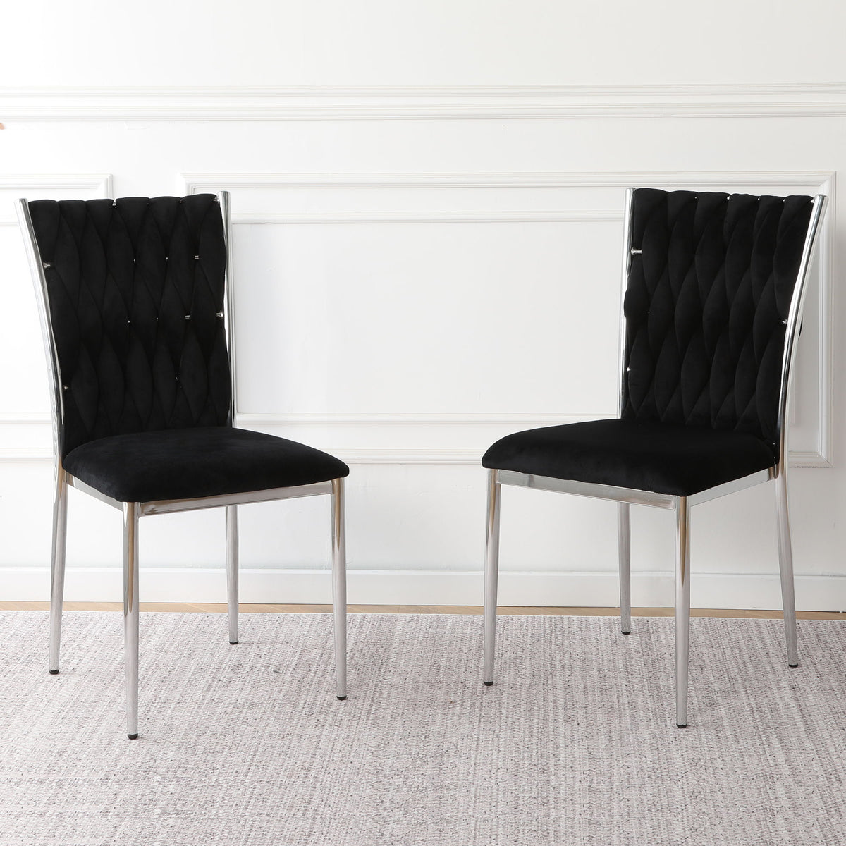 2-piece modern dining chair set, black tufted back, padded seat, chrome legs