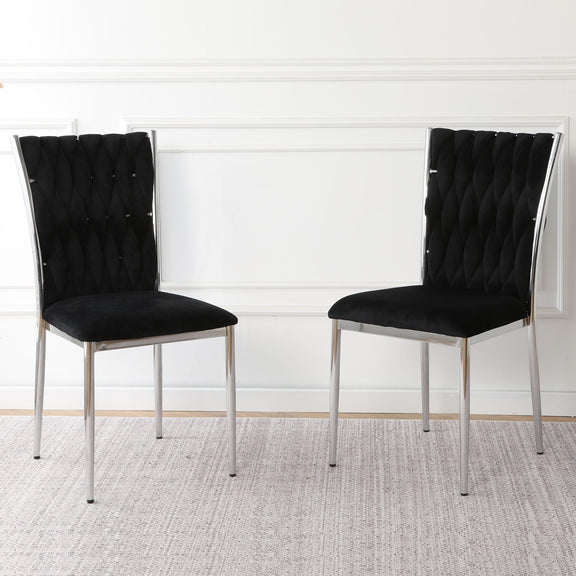 2-piece modern dining chair set, black tufted back, padded seat, chrome legs