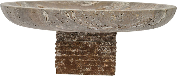Gray travertine bowl side view with textured stone pedestal base