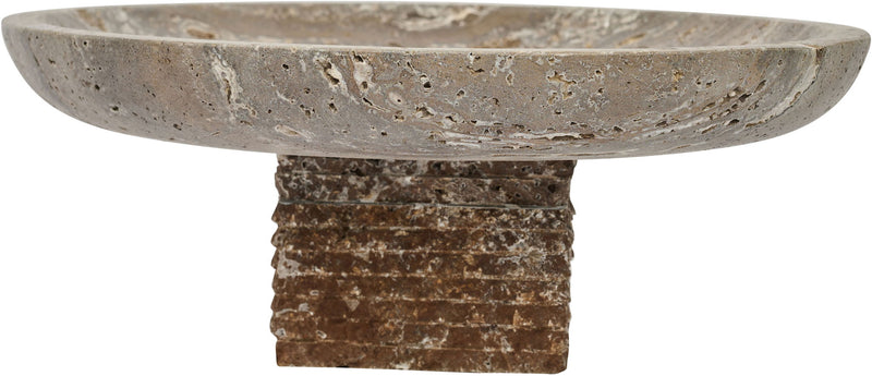 Gray travertine bowl side view with textured stone pedestal base