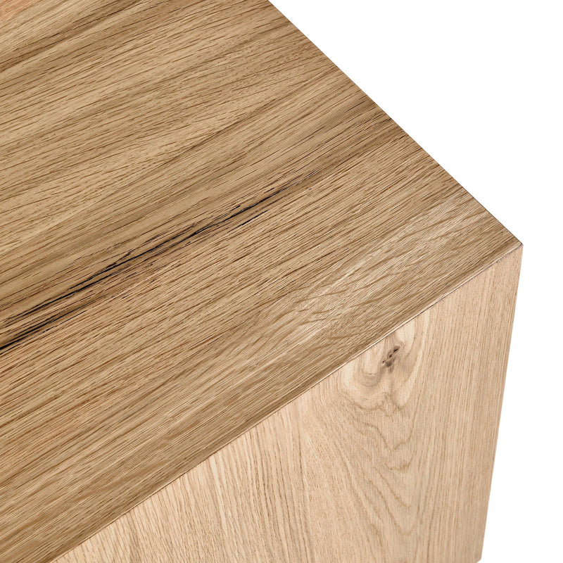 Square end table with light brown wood-grain tabletop and side panel
