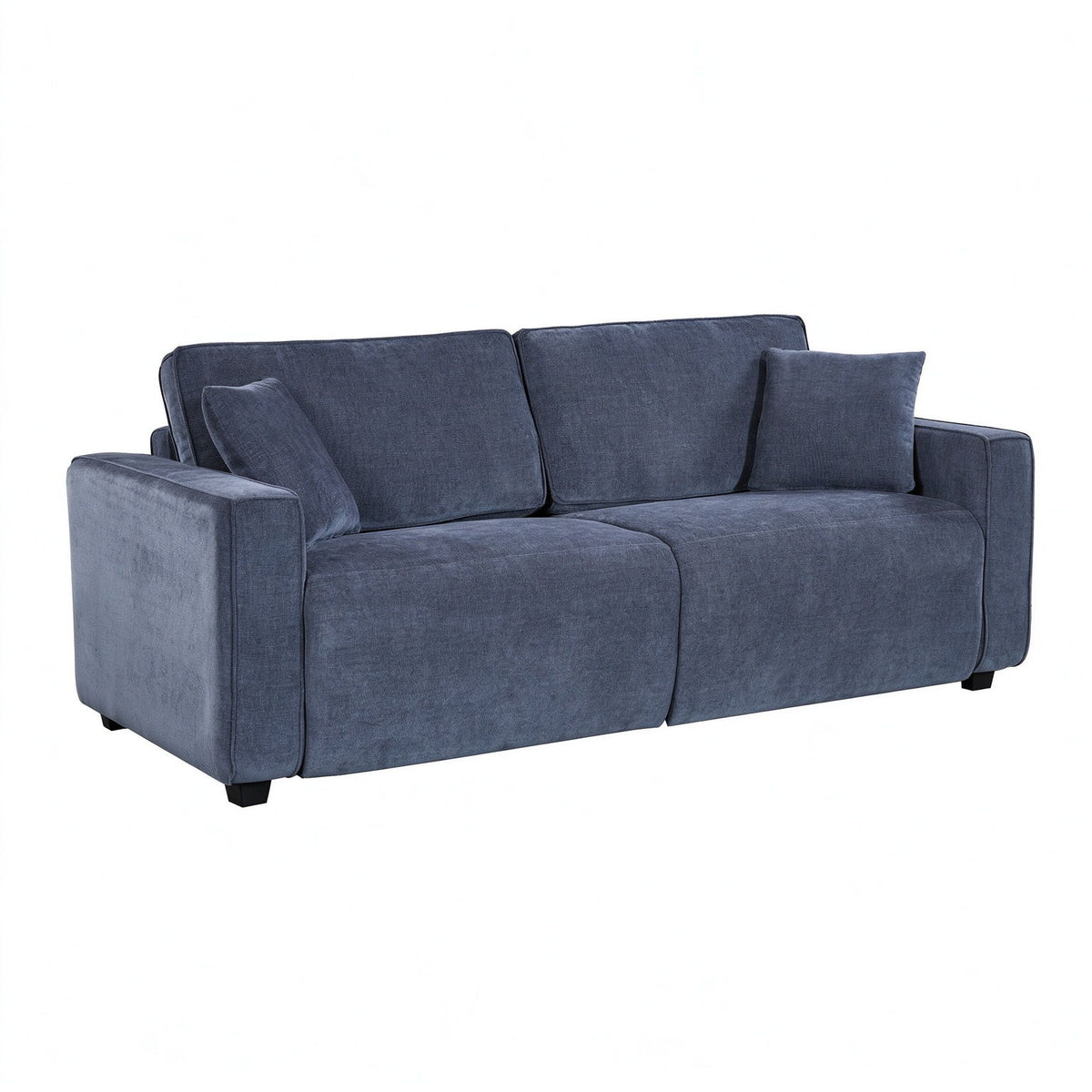 Blue pull-out sofa bed with three back cushions and cushioned armrests