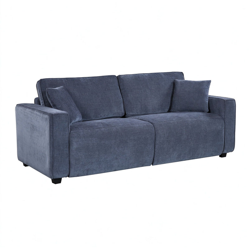 Blue pull-out sofa bed with three back cushions and cushioned armrests