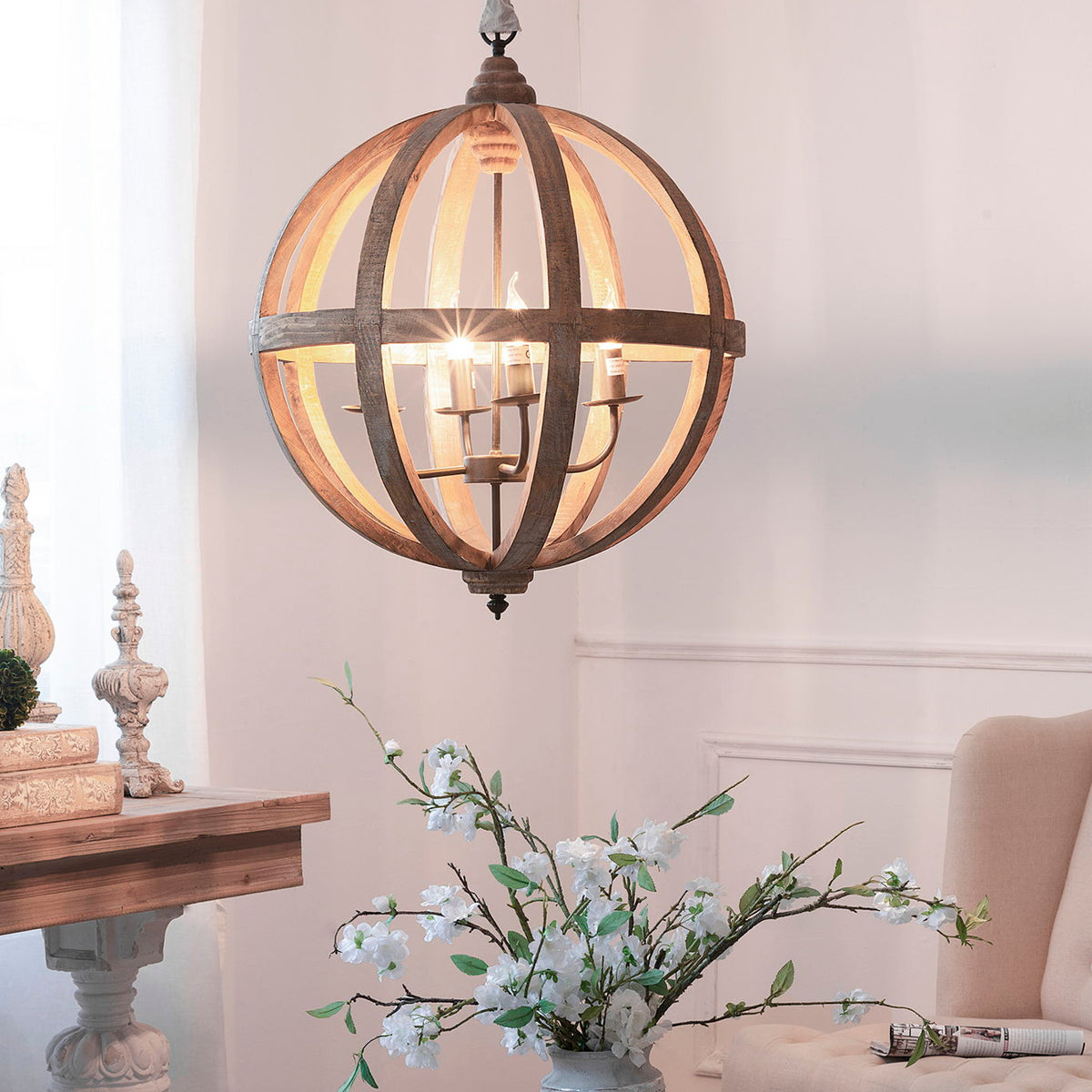 4 Light Wood Chandelier, Hanging Light Fixture With Adjustable Chain For Kitchen, Bulb Not Included - Brown