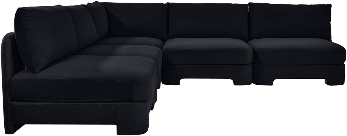 Black velvet armless sectional sofa with 5-piece modular corner configuration
