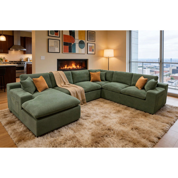 Dark green U-shaped sectional sofa with two chaise extensions and orange throw pillows