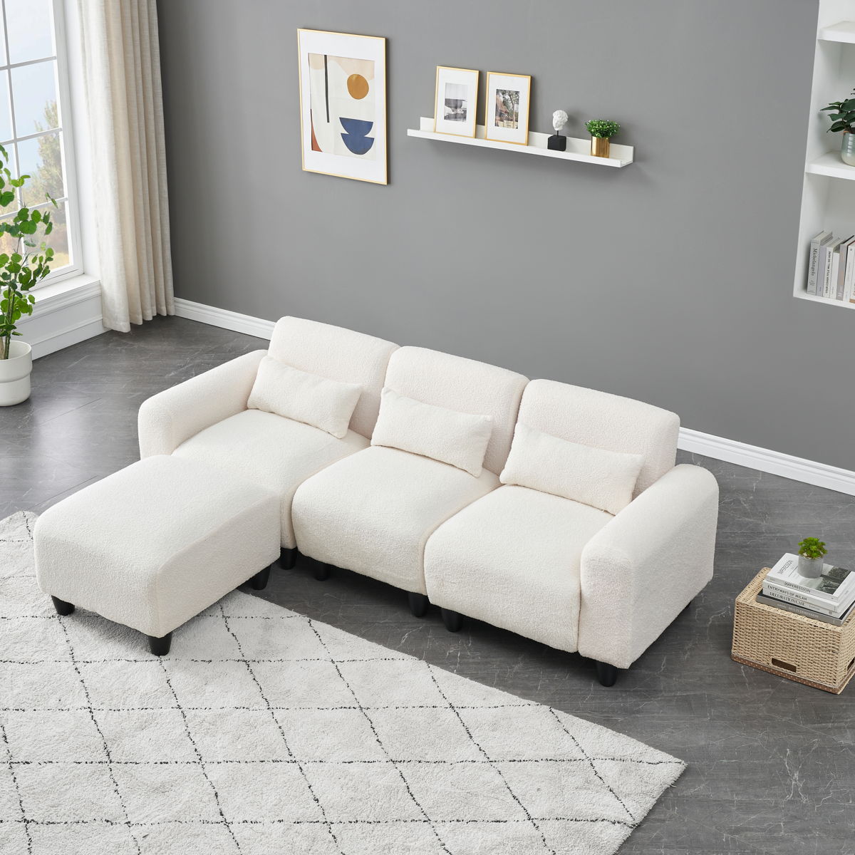 Teddy Fleece Creative Sofa Can Be Assembled Into A Two-Seater Sofa Plus A Single Couch With Three Waist Pillows To Perfectly Stretch Your Waist For Small Apartment Bedroom Spaces