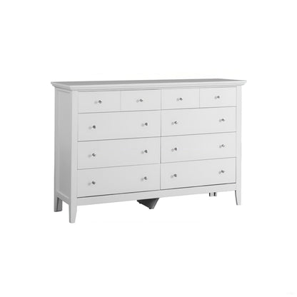White wood dresser with 6 drawers and silver knob pulls