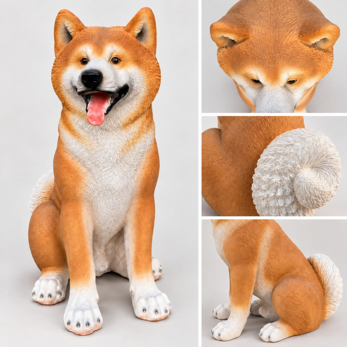 Shiba Inu dog statue with curled white tail and detailed fur, shown from front and side