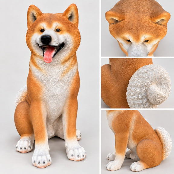 Shiba Inu dog statue with curled white tail and detailed fur, shown from front and side