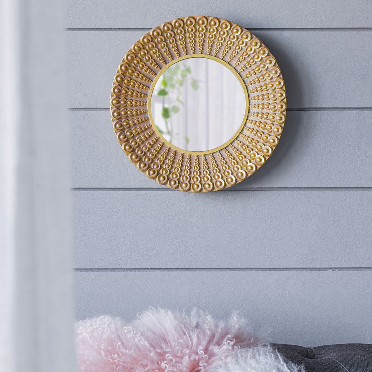 Beaded - Sunburst Mirror, Round Accent Wall Mirror For Living Room - Gold
