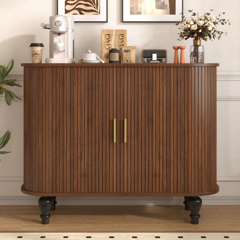 Fluted Liquor & Coffee Bar Cabinet With 6 Wine Racks And 3 Glass Holders