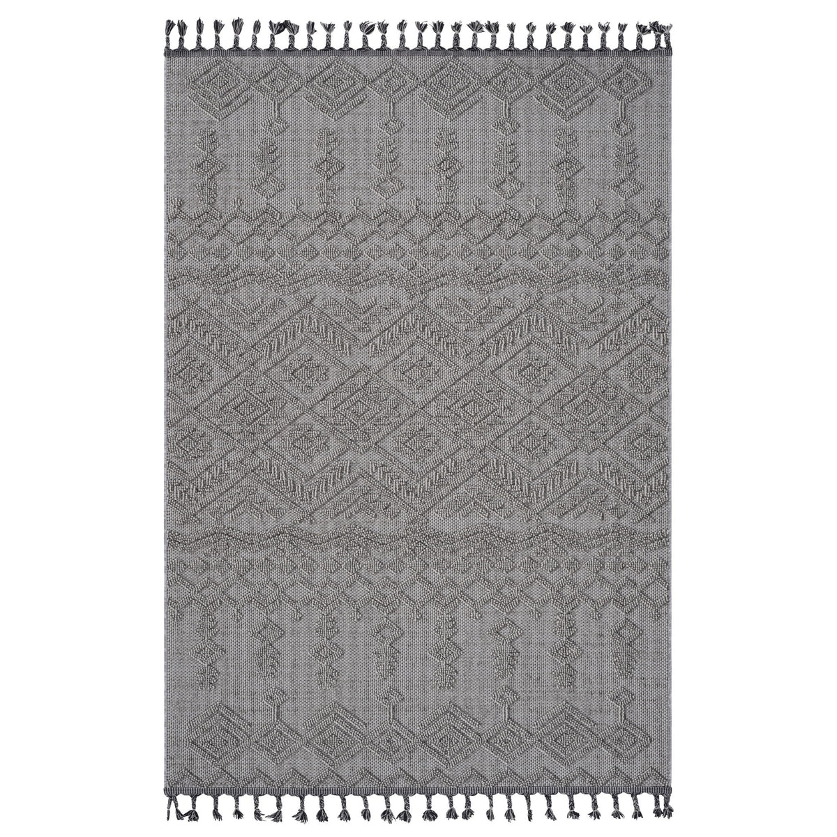 Traditional indoor/outdoor area rug in gray with diamond geometric motif and fringe