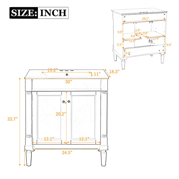 Bathroom vanity cabinet with sink size chart showing dimensions in inches