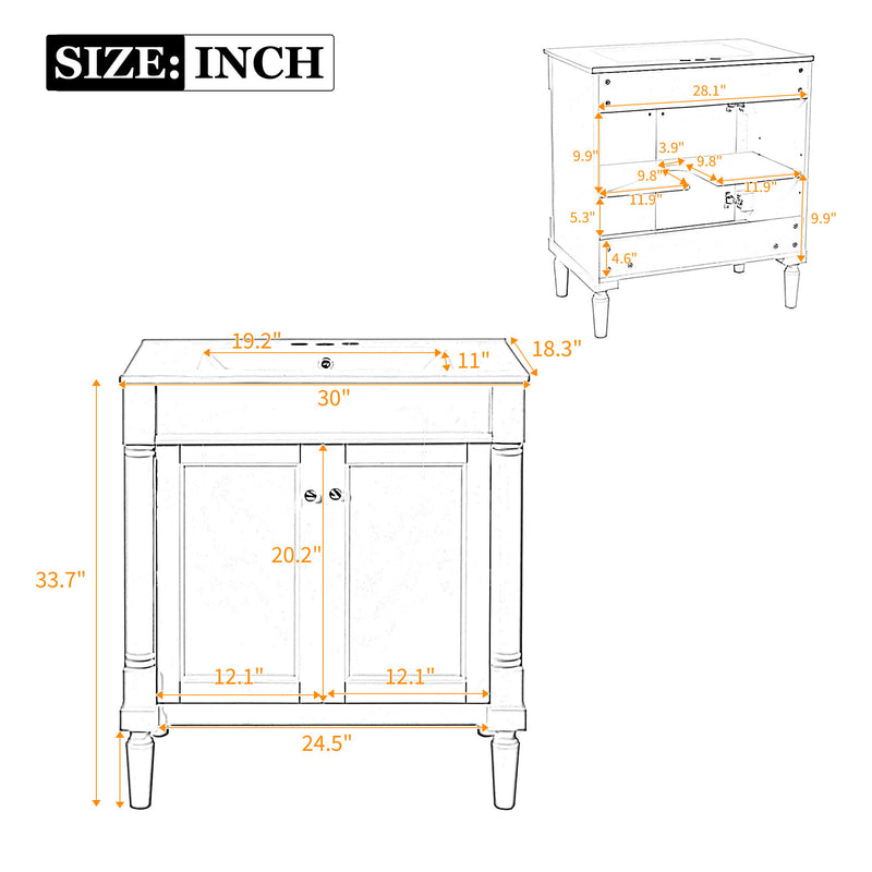 Bathroom vanity cabinet with sink size chart showing dimensions in inches