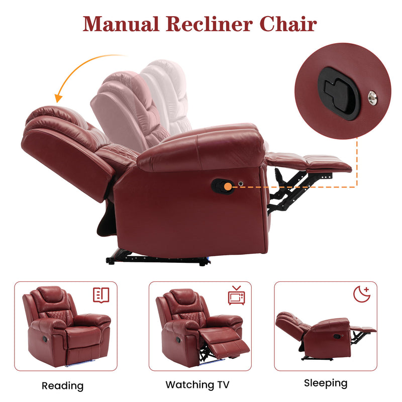 Red manual recliner chair with lever control and adjustable reclining positions.