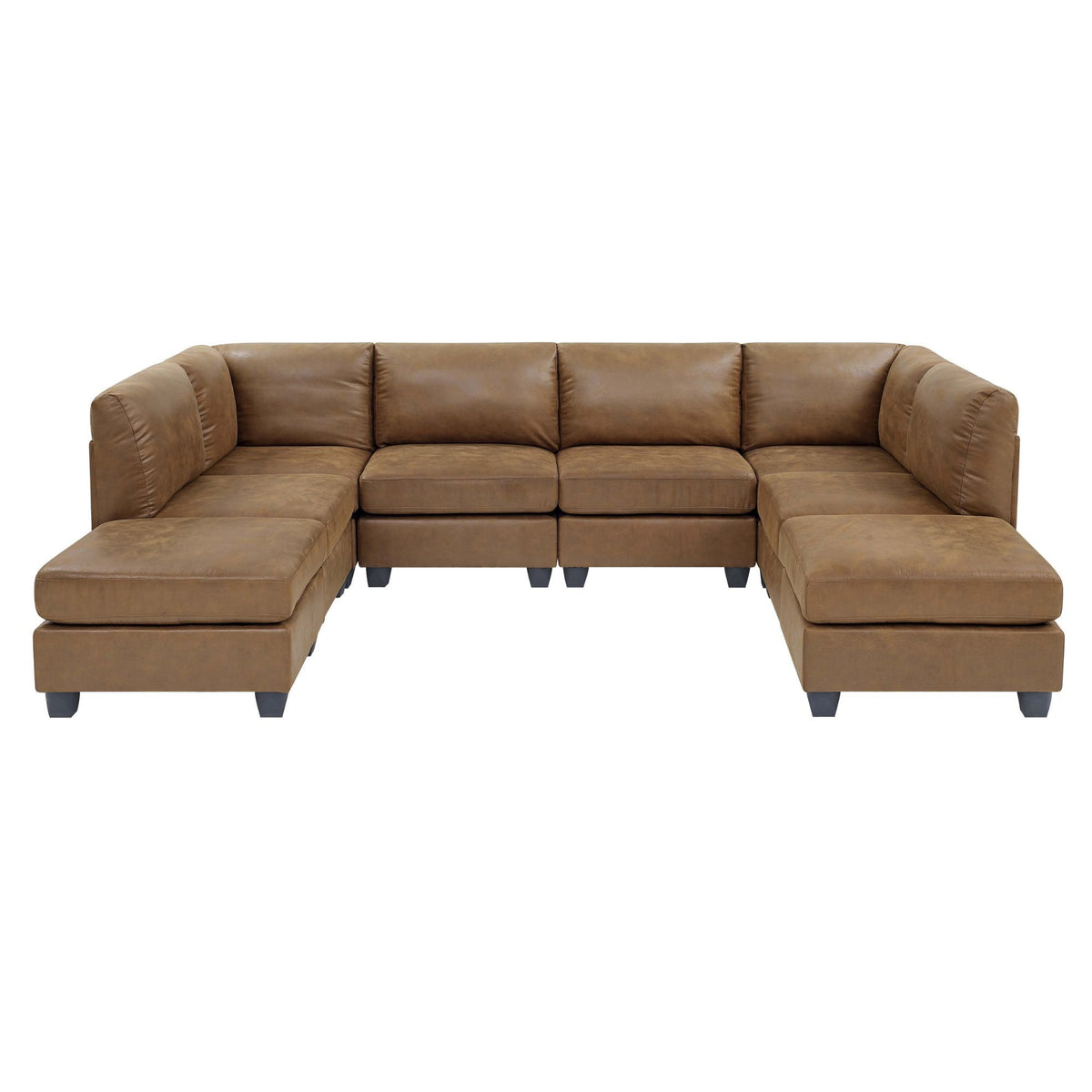 Brown modular sectional sofa with tufted back cushions and chaise-style end ottomans