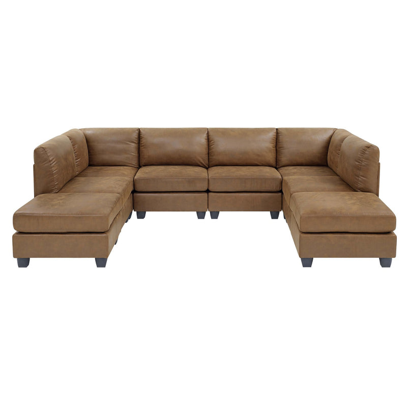 Brown modular sectional sofa with tufted back cushions and chaise-style end ottomans