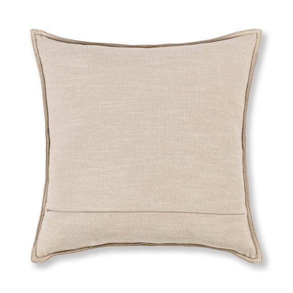 Beige linen accent pillow with simple border and center seam